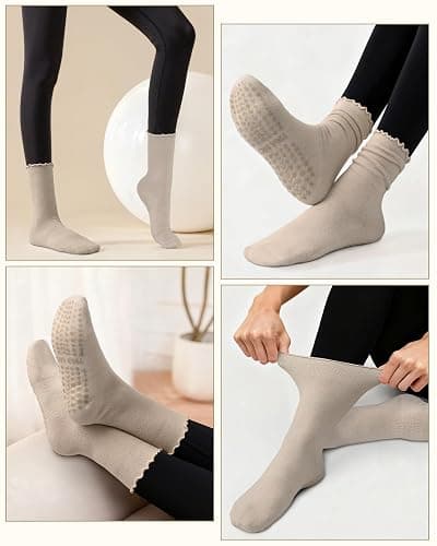 Darller 5 Pairs Pilates Socks with Grips for Women, Non Slip Cotton Ruffle Yoga Socks for Barre Workout Hospital thumbnail 2