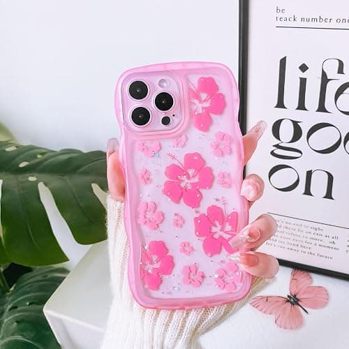 NITITOP Compatible with iPhone 12 Pro Max Case Cute Clear for Women Girls Flower Floral Bling Glitter Sparkling Star Wave Curly Frame Soft TPU Shockproof Camera Protective Cover - Pink thumbnail 3