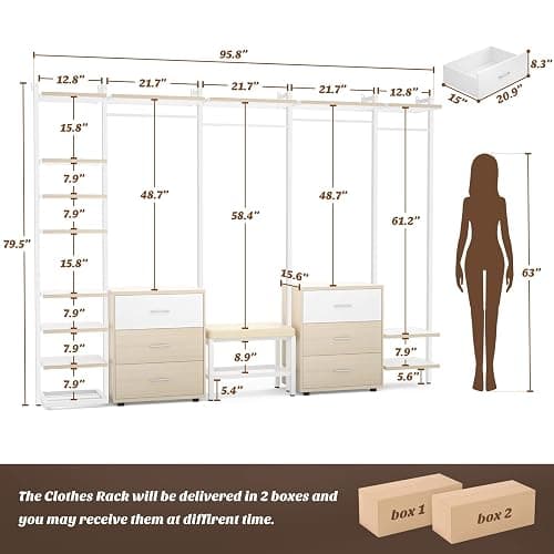 Aheaplus 8FT Closet Organizer Systems with 6-Drawers, 96'' Wood Closet Organizer with Storage for Walk in Closets, Clothing Rack Wardrobe Closet Garment Rack for Hanging Clothes, Bedroom, White Oak thumbnail 2