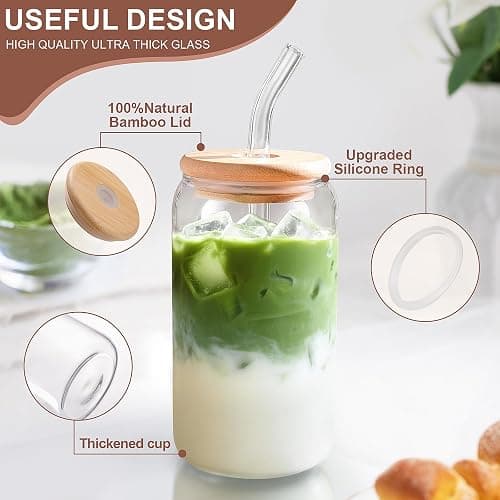 DWTS DANWEITESI Iced Coffee Cups with Lids 2 pcs,16 oz Glass Cups with Lids and Straws as Coffee Bar Accessories,Beer Drinking Glasses,Reusable Glass Tumbler,Cute Coffee Cups for Coffee, Juice, Gifts thumbnail 6
