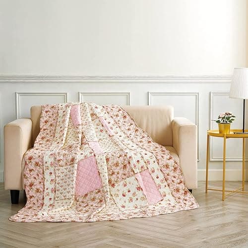 Twin Size Quilt Cotton Pink Floral Patchwork Throw Blanket for Couch Sofa Vintage Reversible Lightweight Quilted Bedspread Coverlets Flowers Quilt Soft Garden Comforter Bed Cover for Bed Home Decor thumbnail 8