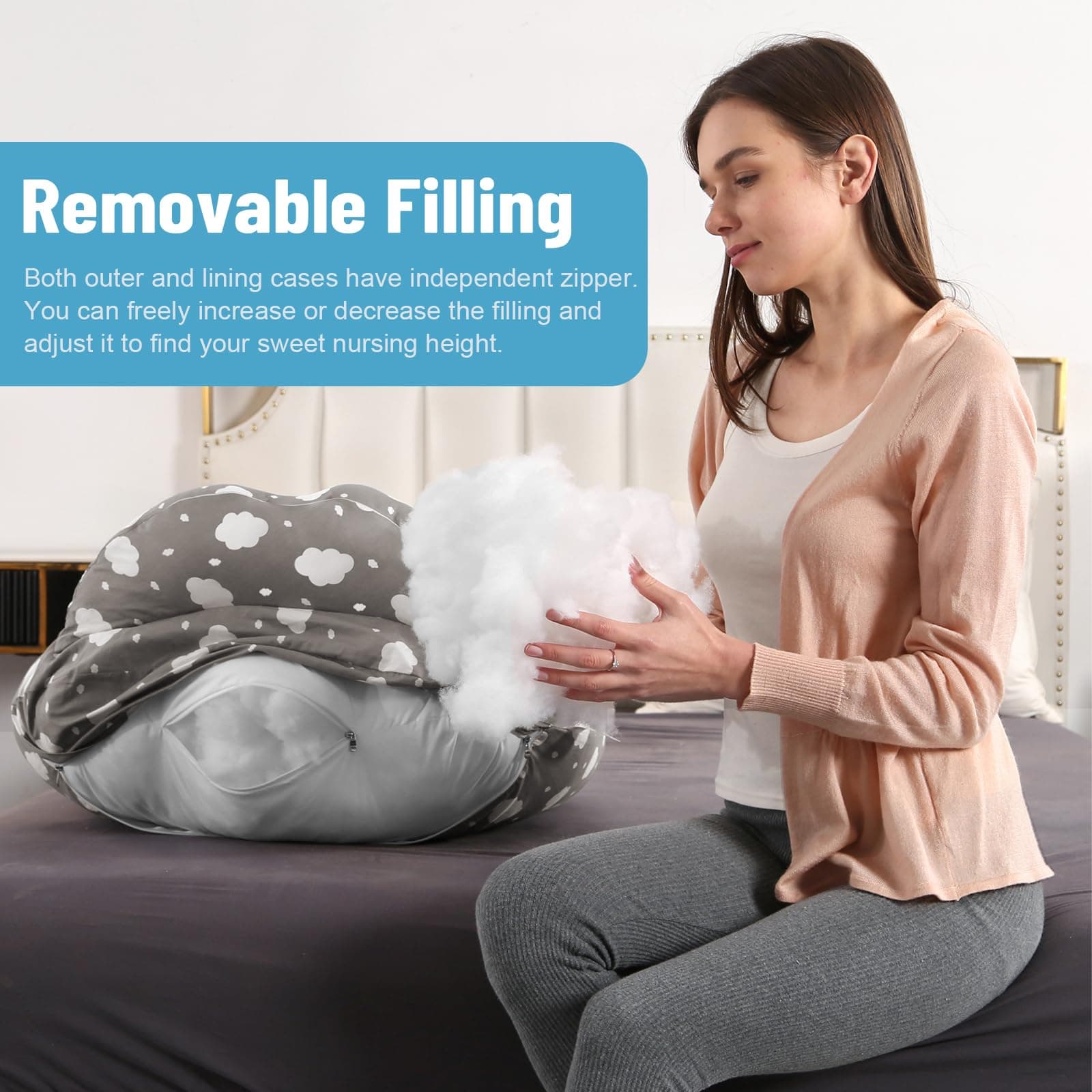 Nursing Pillow for Breastfeeding, Multifunctional Breast Feeding Pillow with Adjustable Waist Strap and Safety Fence, 100% Cotton Removable Pillowcase, Pregnancy Gift Grey thumbnail 7