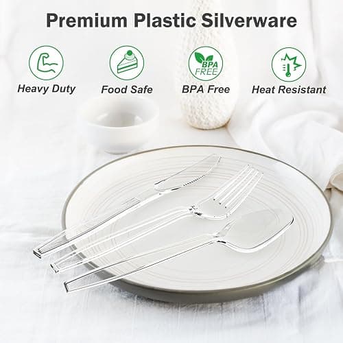 Dealusy 360 Count Extra Heavy Duty Clear Plastic Forks and Spoons, 180 Forks & 180 Spoons, Heat Resistant, Disposable Plastic Silverware Set thumbnail 4