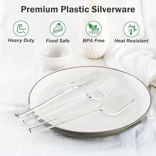 Dealusy 360 Count Extra Heavy Duty Clear Plastic Silverware, 150 Forks, 150 Spoons, 60 Knives, BPA-Free, Heat Resistant, Disposable Plastic Utensils Set, Plastic Cutlery Set, Plasticware Bulk - Clear thumbnail 3