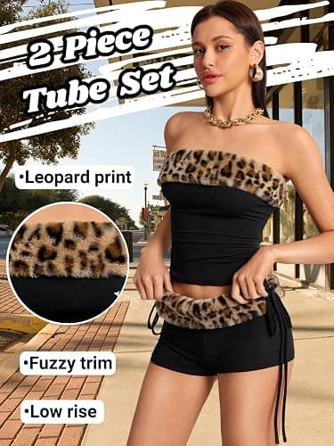 EHSUYAB 2000S Sexy 2 Piece Leopard Club Outfits, Ruched Tube Strapless Crop Top, Low Rise Booty Shorts Casual Going Out Rave thumbnail 2