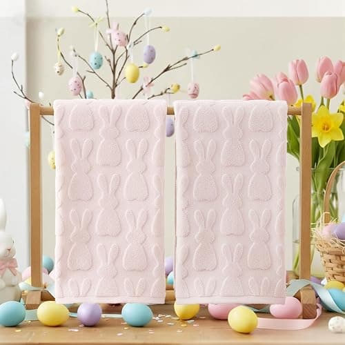 Artoid Mode 2 Pcs Pink 3D Rabbit Jacquard Easter Hand Towels for Bathroom, 100% Cotton Soft Absorbent Bathroom Decor Towels, 13.7 x 29.5 Inch thumbnail 5