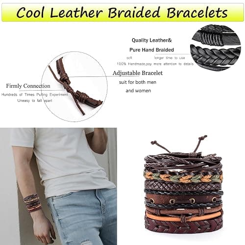SONNYX 44 Pcs Braided Leather Bracelets for Men Women Woven Cuff Wrap Bracelets Hemp Cords Wood Beads Ethnic Tribal Bracelets Adjustable Leather Wristbands thumbnail 4