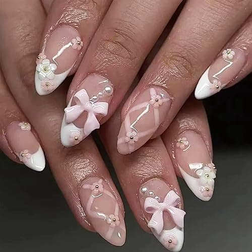 NEWSPIED French Press on Nails Medium Almond Fake Nails with 3D Flower Pink Bow Nails Design Glossy False Nails Valentines Cute Acrylic Nails White French Tip Glue on Nails for Women 24Pcs - Image 1