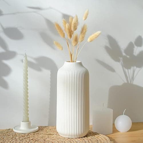 flature Keramik Vase mit Rillen - Dekovase Klein für Pampasgras als Boho Deko, kleine Blumenvase Weiß Matt 21cm hoch für Flowers, Wohnungsdeko für frische Blumen, Trockenblumen, Esstisch, Büro (Gr.M) thumbnail 7
