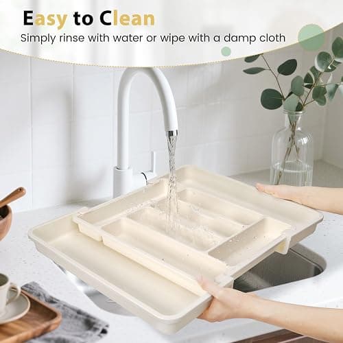 Caperci Large Silverware Organizer for Kitchen Drawer & Utensils - Expandable Drawer Organizer for Cutlery, Flatware & Gadget, BPA-Free Thick Plastic, Wider Compartments & Non-skid Feet (Tofu) thumbnail 6