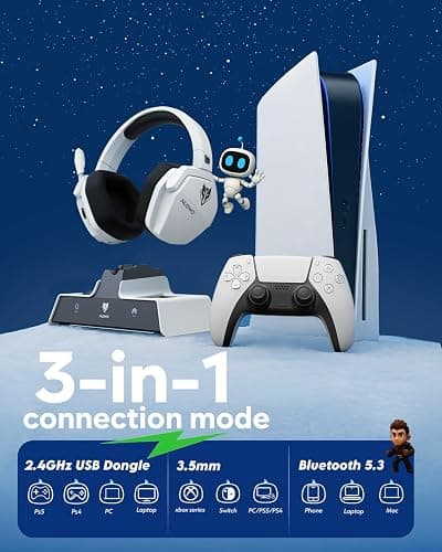 NUBWO G06 Pro Wireless Gaming Headset with Charging Station for Headset & PS5 Controller, 17ms Low Latency, 120H Battery Life, Dynamic 50mm Drivers-White (Only Compatible with PS5) thumbnail 7