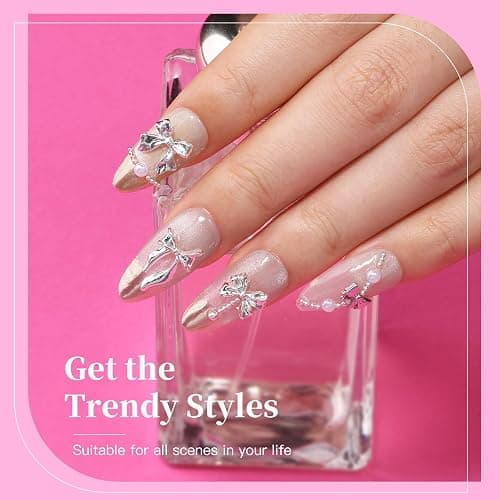 3D Metal Alloy Nail Bows Kit - Silver & Gold Bowknot Charms with 1-3mm Mini Caviar Beads, Tweezers, Pickup Pencil, Cute Nail Charms and Gems Jewelry in Petal-Shaped Box (Silver-kit-1) thumbnail 8