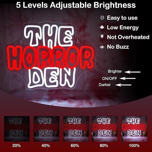 Horror Den Neon Sign Retro Scary Neon Light for Wall Decor Gothic Theme LED Light up Spooky Sign Dimmable Horror LED Signs Indoor Gothic Decor in Game Room Ideal Gifts for Scary Movie Fans thumbnail 4
