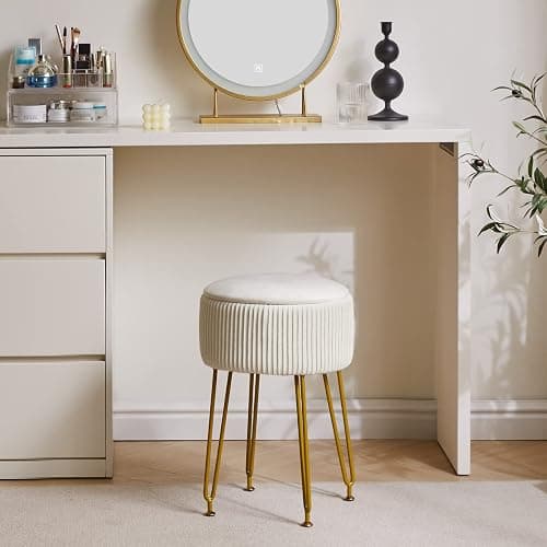 IBUYKE Velvet Storage Footrest Stool Ottoman, Makeup Vanity Stool Side Table with Golden Steel Legs Removable Cover, Coffee Table Top Cover, Creamy-White LG-20M thumbnail 8
