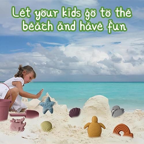 JasCherry Beach Toys for Kids, 10Pcs Silicone Beach Toy Set, Collapsible Beach Bucket, Spade, CrabTurtle Starfish Sand Molds for Beach Party Camping Fun Summer Activities Christmas (A) thumbnail 6
