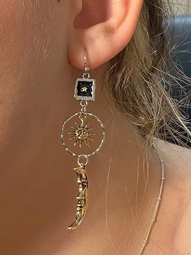 Vintage Sun Moon Star Dangle Earrings for Women, Greek Mythology Asymmetric Drop Earrings (Gold) thumbnail 4