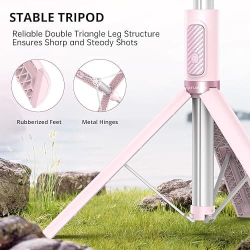 ATUMTEK 1.4m Selfie Stick Tripod, All-in-one Extendable Aluminum Phone Tripod with Rechargeable Bluetooth Remote for iPhone, Samsung, Google, LG, Sony and More, Fitting 4.7-7 inch Smartphones, Pink thumbnail 2