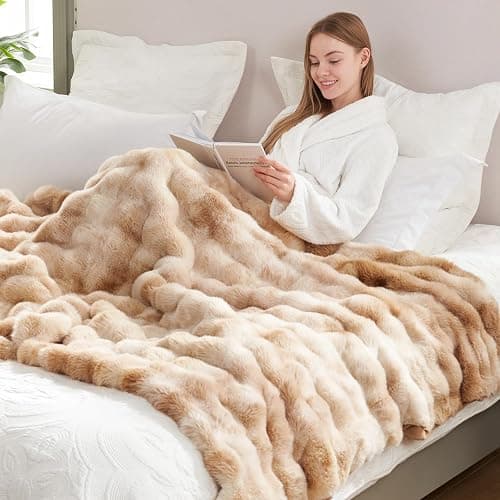 Cozy Bliss Faux Fur Throw Blanket for Couch, Fuzzy Soft Plush Thick Bubble Blanket for Sofa Bedroom Living Room, 50 * 60 Inches Tie-dye Beige thumbnail 8