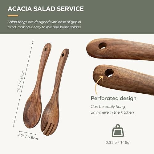 Muso Wood Acacia Salad Servers, 10-inch, Set of 2 | Wooden Salad Tongs for Serving Salad Mixes thumbnail 2