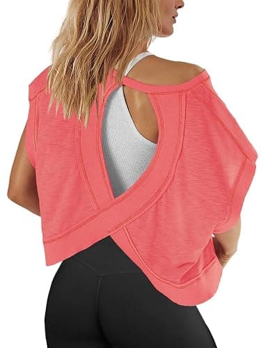 Panadila Womens Open Back Workout Top Oversized Workout T Shirts Backless Athletic Shirt Short Sleeve Baby Tee - Image 1