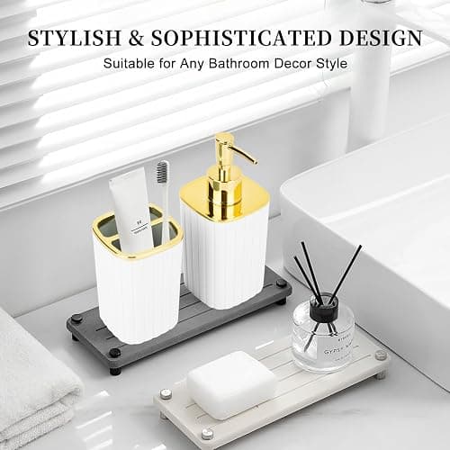 2PCS Bathroom Accessories Set, White and Gold Bathroom Accessories Include Soap Dispenser and Toothbrush Holder for Boho Bathroom Decor thumbnail 7