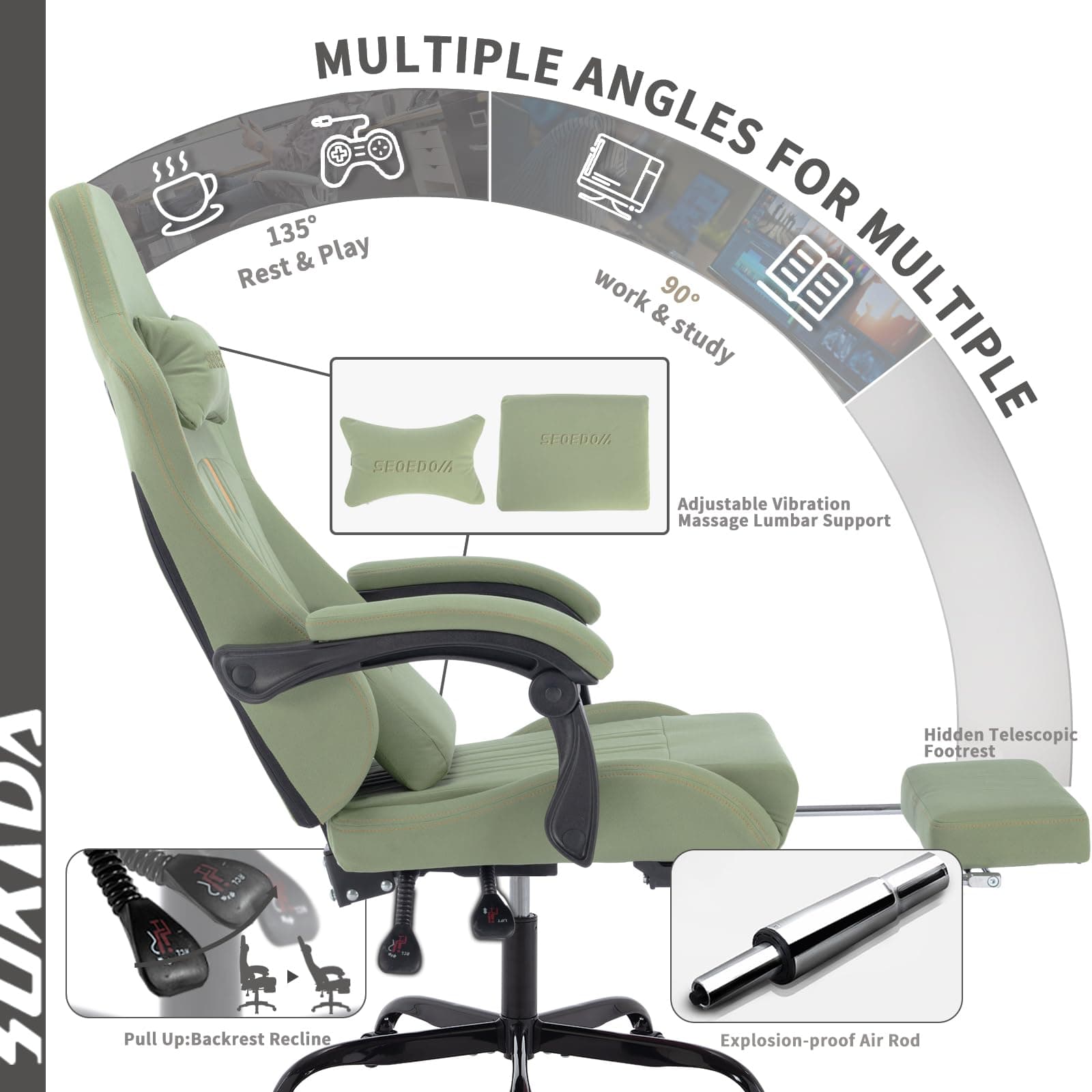 Gaming Chair with Footrest Ergonomic Computer Chair Massage Lumbar Cushion, Racing Video Game Chair Adjustable Rocker Recliner Executive Office Desk Chair PVC Leather for Adults (Green) thumbnail 5