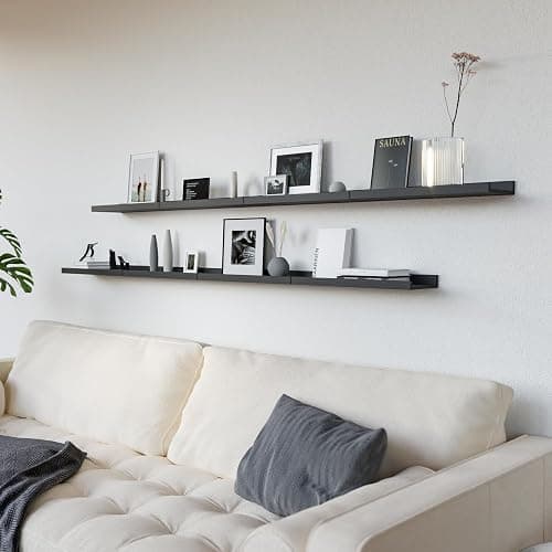 RICHER HOUSE 8-Set Floating Shelves with Lip, Black Wall Mounted Wood Shelf | Display Picture Ledge Shelf, Anti-drop lip Shelf for Room Wall Decor, Bedroom Bathroom Storage Nursery Hanging Book Shelves thumbnail 4