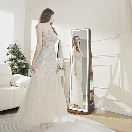 TJYGO Mirror Jewelry Cabinet Standing, Jewelry Armoire with Full-Length LED Mirror and Adjustable Lights, 360° Swivel Jewelry Organizer Storage, Rustic Brown thumbnail 5