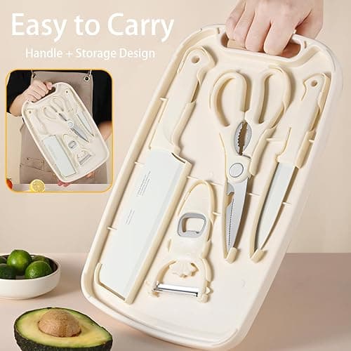 WEISHEHUG Knife and Cutting Board Set, 5 In1 Travel Small Cutting Boards with Knife Camping Essentials Cream Colored Chopping Board for Travel College thumbnail 5