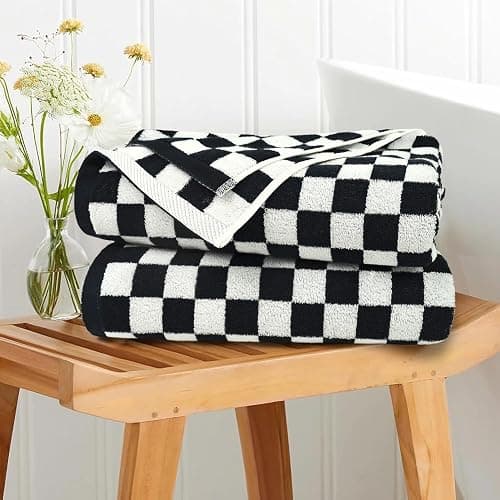 Jacquotha Black & White Checkered Cotton Bath Towels Set of 2 - Cute Aesthetic Bathroom Towels for Bathroom Decor 27.5" x 55" thumbnail 4