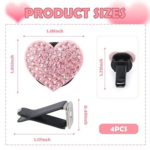 4PCS Heart-Shaped Car Vent Clips with Rhinestone,Bling Air Vent Clips Car Decorations,Premium Shiny Car Clips for Vents CCar Accessories Interior for Cars,Trucks,SUVs (Pink) thumbnail 2