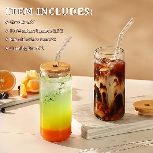 VITEVER 20 OZ Glass Cups with Bamboo Lids and Glass Straw - Beer Shaped Drinking Glasses Set, Iced Coffee Glasses, Cute Tumbler Cup, Aesthetic Coffee Bar Accessories, Gift - 2 Pack thumbnail 4