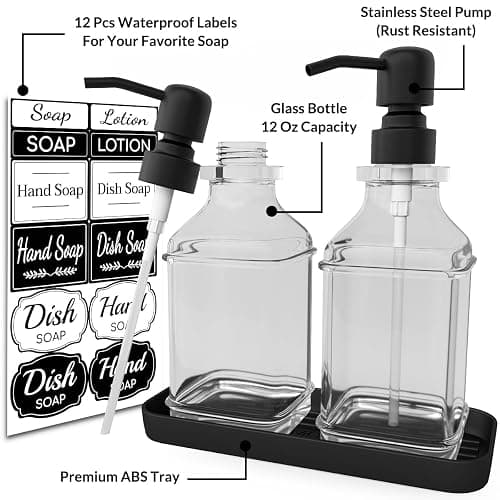 LMQML Soap Dispenser - 2 Pack, Antique Design Thick Glass Hand Soap Dispensers with Sturdy Tray; 304 Rust Proof Stainless Steel Black Pump, 12Pcs Stickers, for Kitchen, Bathroom thumbnail 4