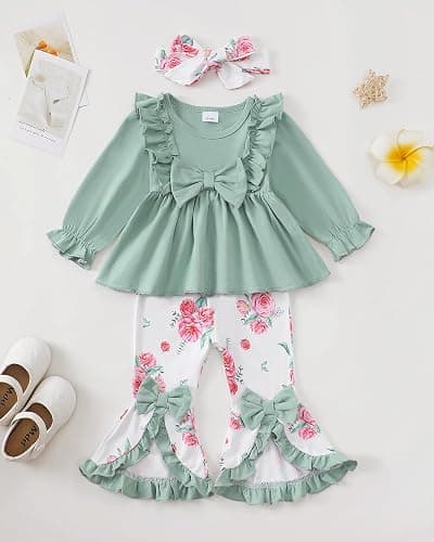 Toddler Baby Girl Clothes Fall/Winter Girls Outfits Ruffle Long Sleeve Tops Floral Flared Pants Girls' Clothing Sets thumbnail 5