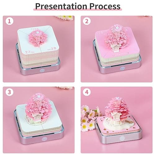 RSLIPIN 3D Memo Pad Time Piece Calendar 2026,3D Calendar Memo Pad DIY Notes Notepad Paper Craft Art Romantic Tree House,2026 3D Desk Calendar With LED Lights,Pink thumbnail 8