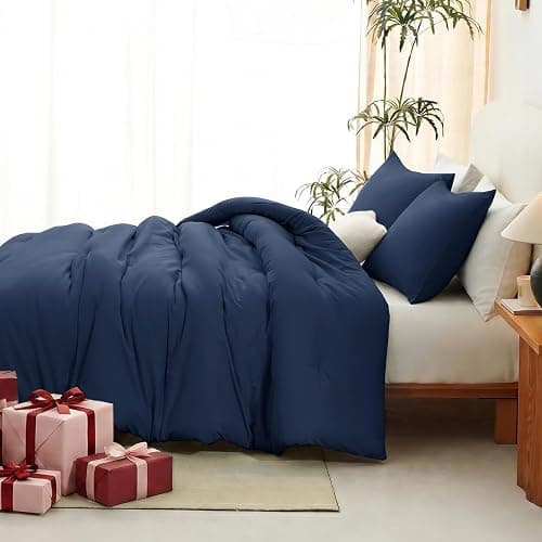 CozyLux Queen Comforter Set Navy Blue, 3 Pieces Lightweight Comforters Queen Size Quilted Bedding Sets, All Season Breathable Solid Down Alternative Comforter with 2 Pillowcases, Soft Bed Set for Home thumbnail 6