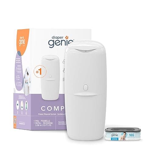 Diaper Genie Compact Pail Includes 1 Starter Square Refill That can Hold up to 165 Newborn-Sized Diapers. - Pack of 1