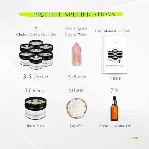 Lucir Store Healing Chakra Scented Candles Set with Surprise Wand | 7 Scented Candles with Chakra Crystals, Wand | E-Book Included thumbnail 2