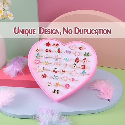 PASEMM 36pcs Little Girl Jewel Rings, Adjustable, No Duplication Kids Play Ring in Box,Pretend and Dress Up Rings for 4-12 Year Old Girls Birthday Gifts Holiday Gifts, 4 5 6 7 8 9 10 11 12 Year Old Girl Toys for Kids thumbnail 3