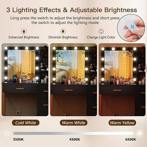 FIONESO Makeup Vanity Desk with Mirror & Lights, Vanity Desk with 4 Drawers & Charging Station, Dressing Vanity Table with Open Storage Shelves, 3 Color Modes, Vanity Table for Bedroom, Black thumbnail 4