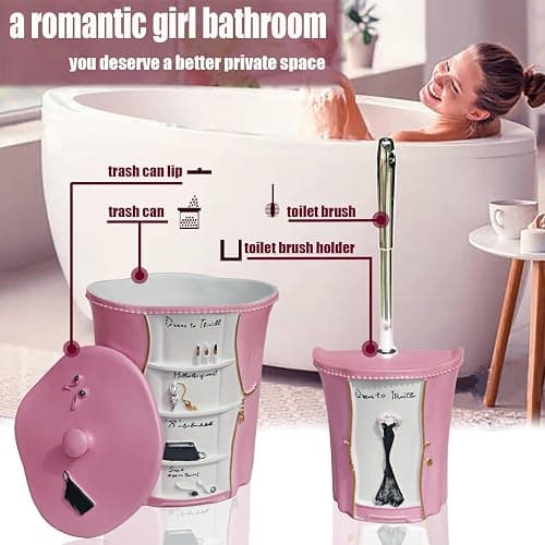 LUANT 6 PCS Bathroom Accessories Including Soap Dispenser, Soap Dish, Tumbler, Teethbrush Holder, Trash Can and Toilet Brush, Decoration for Girl's Bathroom, Countertop Oragnizer, Pink thumbnail 4