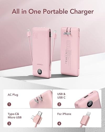 VEGER Portable Charger with Built-in AC Plug and Cables, All in One 10000mAh Ultra Slim Power Bank Travel Essentials, Fast Charging Battery Pack Compatible with iPhone, Samsung, Android (Crepe) thumbnail 2