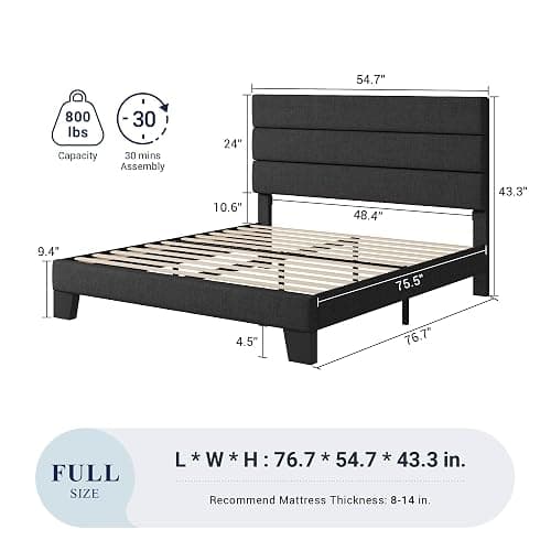 Allewie Full Size Platform Bed Frame with Fabric Upholstered Headboard and Wooden Slats Support, Fully Upholstered Mattress Foundation/No Box Spring Needed/Easy Assembly, Dark Grey thumbnail 2