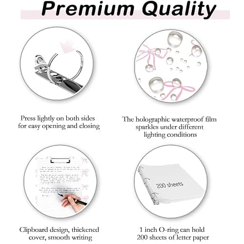 Etzul 3 Ring Binder 1 inch with Clipboard - White & Pink Bow Design, Includes Dividers, File Bag & Spine Label - Classic and Elegant for School or Work, Holographic Waterproof Film thumbnail 4