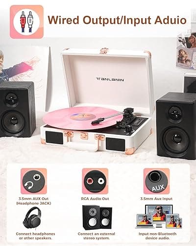 Vinyl Record Player Bluetooth Vintage 3-Speed Portable Suitcase Turntables with Built-in Speakers, Belt-Driven LP Player Support USB Recording AUX-in RCA Line Out Headphone Jack, White thumbnail 7