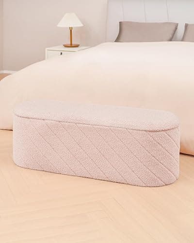ZOLANOful Storage Ottoman Bench with Tray, 43.3 Inches Oval Ottoman with Storage, Folding Teddy Boucle Foot Rest Stool for Bedroom, Living Room, Entryway, Pink thumbnail 7