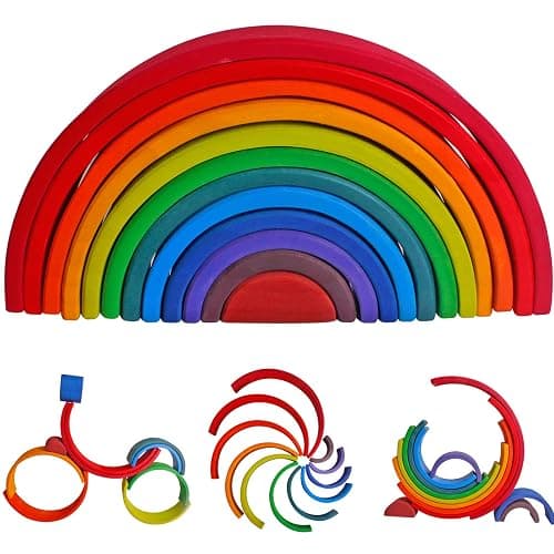 Dinhon Wooden Rainbow Stacking Toys, 12 Pcs Wood Building Blocks Set Wooden Building Blocks Nesting Puzzles, Early Matching Educational Learning Montessori Toys for Kids 3 4 5 6 Years and Up thumbnail 2