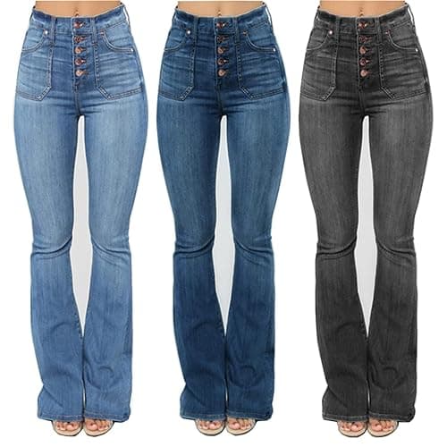 Kaxiya2021 Women's Button Fly Flare Jeans High Wide Leg Fitted Denim Pants Versatile Mid Rise Slim Boot Cut Denim Trousers thumbnail 6