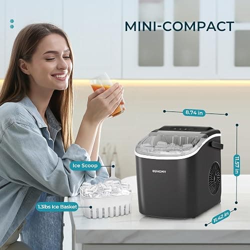EUHOMY Countertop Ice Maker Machine with Handle, 26.4lbs Per Day, 9 Ice Cubes Ready in 6 Mins, Auto-Cleaning Portable Ice Maker with Basket and Scoop, for Home/Kitchen/Camping/RV (Black) thumbnail 2