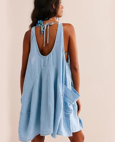 Yioaga Women Casual Summer Dresses Sleeveless Crew Neck Backless Tunic Mini Dress Loose Flowy Tank Sundress with Pockets thumbnail 2